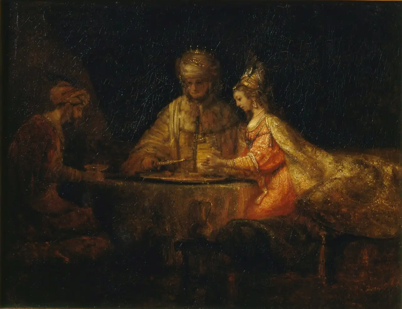 Ahasuerus and Haman at the Feast of Esther by Rembrandt